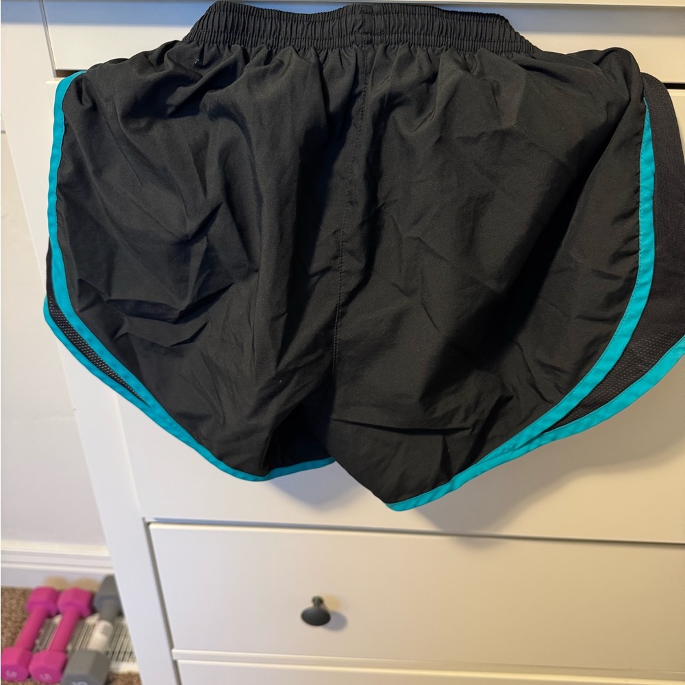 Nike Black and Blue Athletic Shorts with Curved Hem